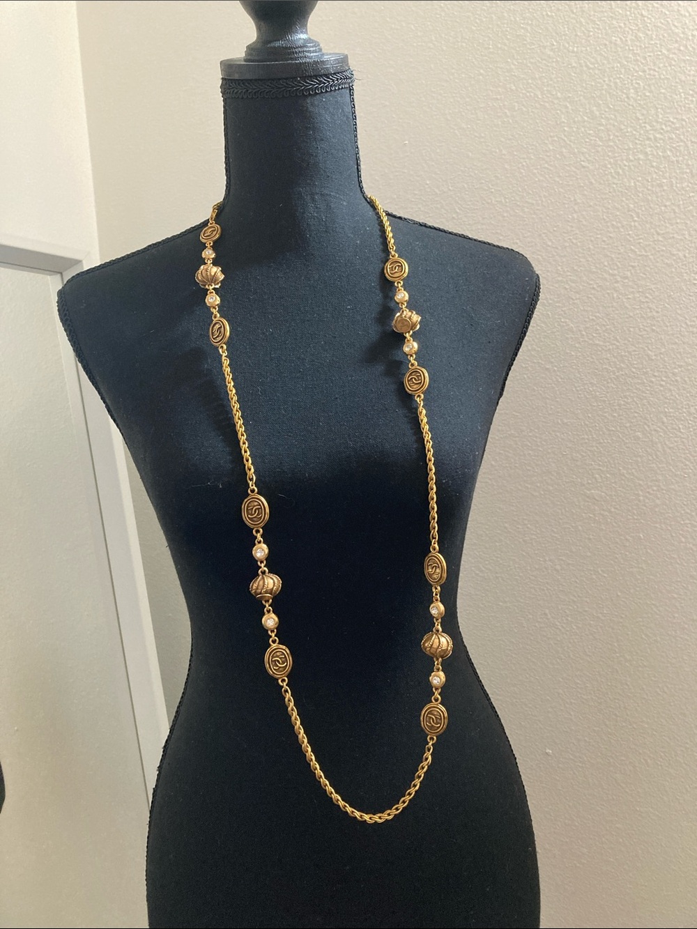 CHANEL Long Gold-Tone Bead & Chain Necklace